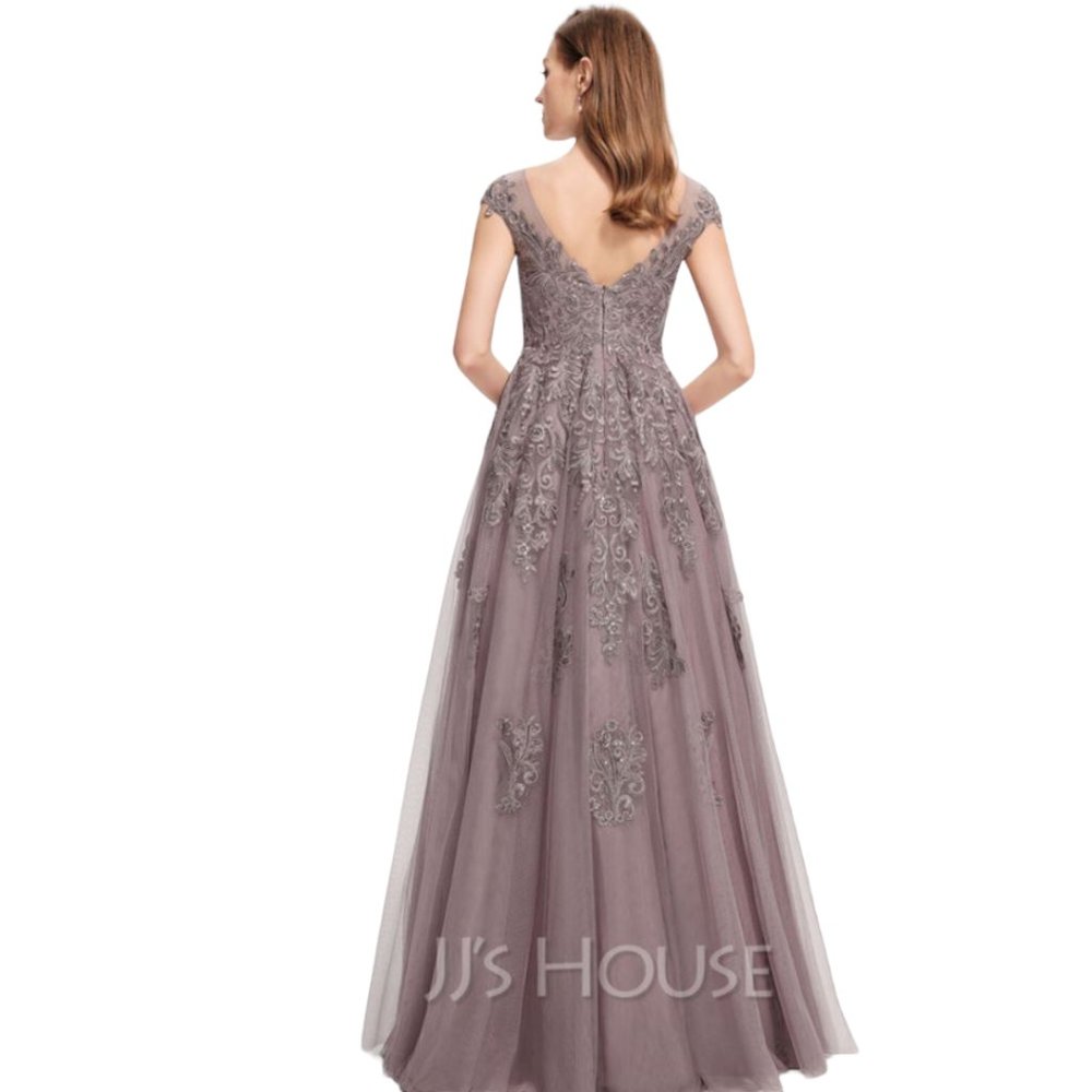 NWT JJ'S House A-Line Scoop Neck Floor-Length Tulle Lace Evening Dress W/Sequins - Picture 2 of 8